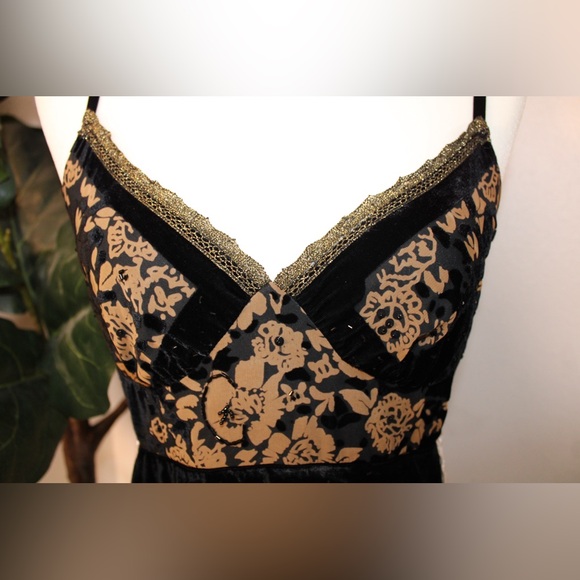 Taylor & Hyde Vintage Y2K Black Brown Gold Velvet Floral Midi Slip Dress - Picture 4 of 13